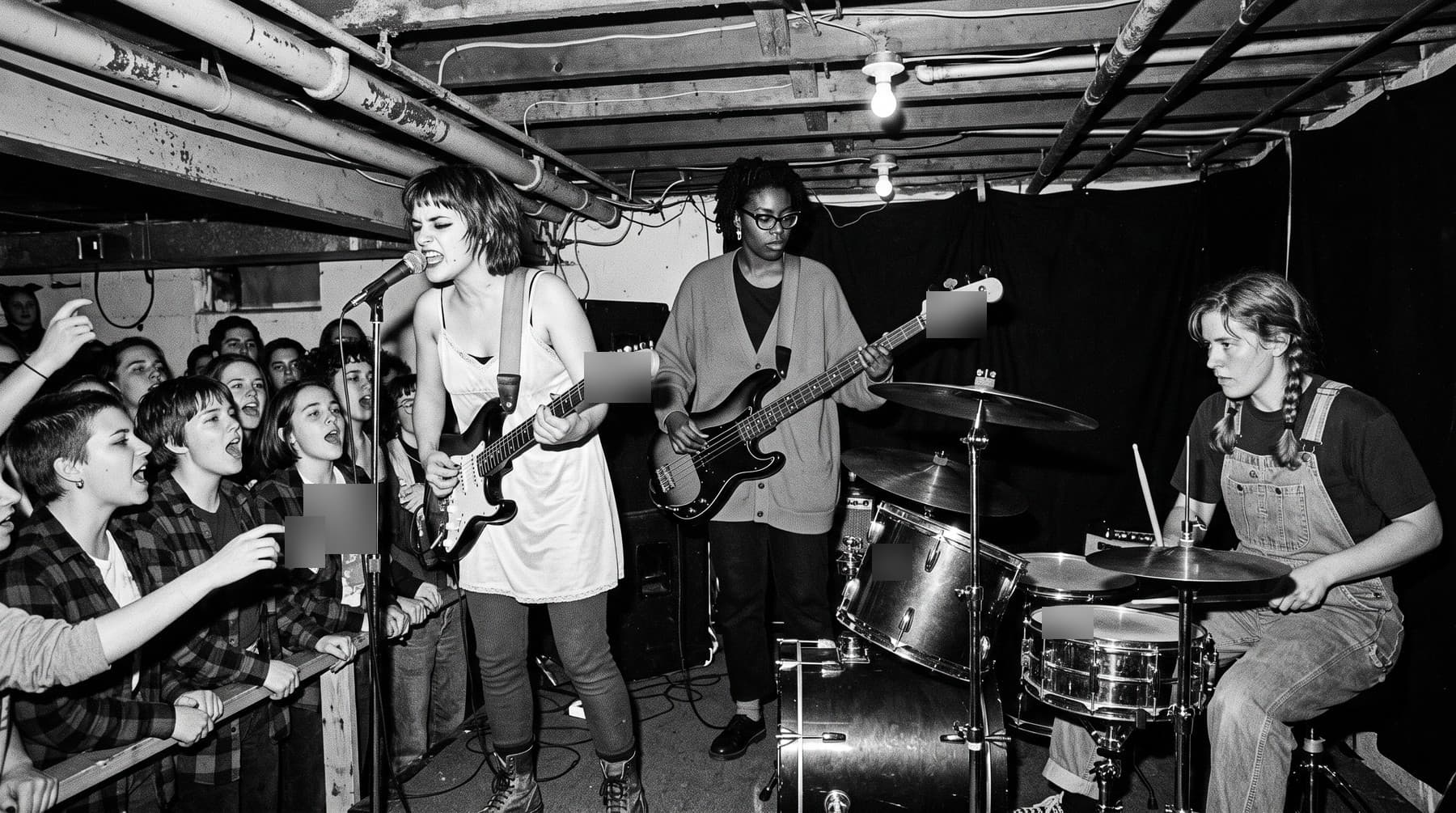 A three-piece band playing in a low basement under bare bulbs, the singer-guitarist at the microphone, the bassist in a cardigan and glasses, the drummer in overalls, a crowd pressed close at the left