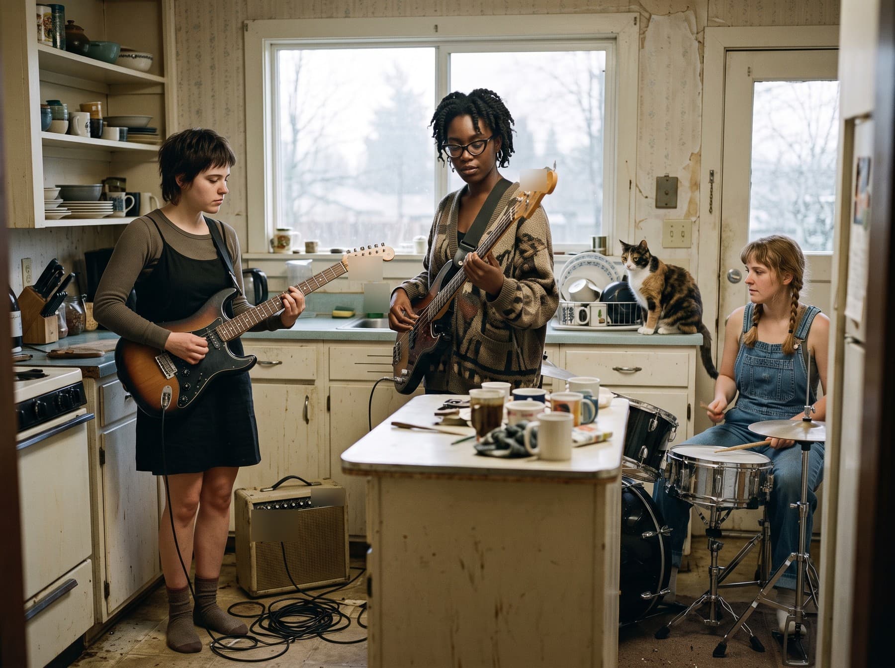 Pip on guitar, June on bass and Beth at a small drum kit rehearsing in a cluttered house kitchen, a calico cat sitting on the counter by the dish rack