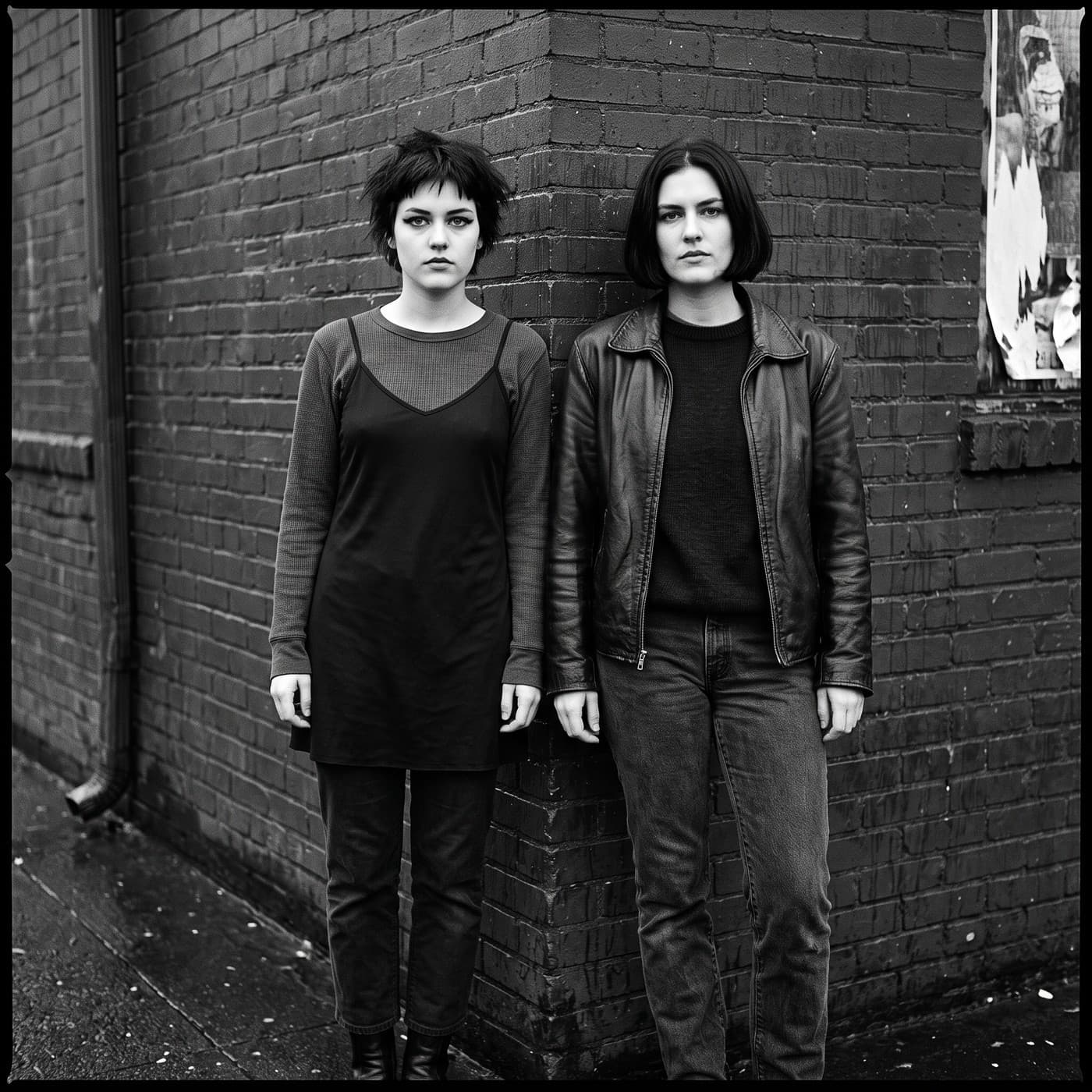 Black-and-white photograph of two sisters standing against a brick wall: Pip with short choppy hair in a slip dress over a thermal, and Roxanne with a dark bob in a leather jacket