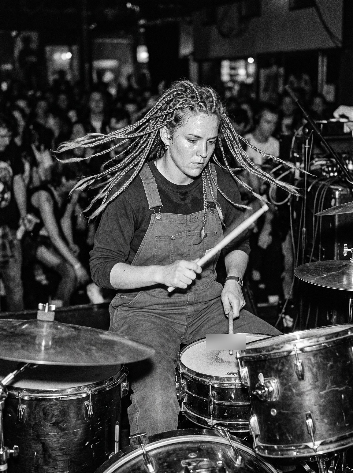Black-and-white photograph of Beth Lindqvist playing drums, long braids flying