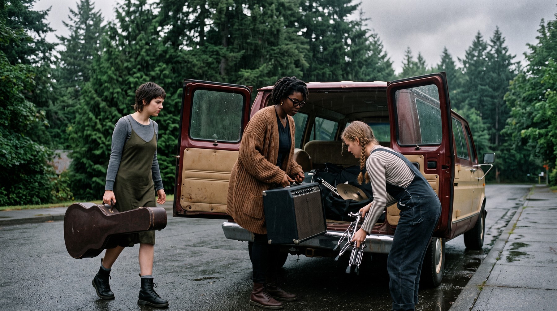 Pip carrying a guitar case, June lifting an amplifier and Beth loading cymbal stands into the open back doors of a maroon van in the rain